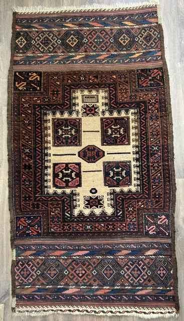 lovely fine antique Baluch small rug ca 1910 size 122 x 65 cm. Possibly a sofreh or mini prayer rug. Nice iconography with the comb and prayer beads. Camel ...