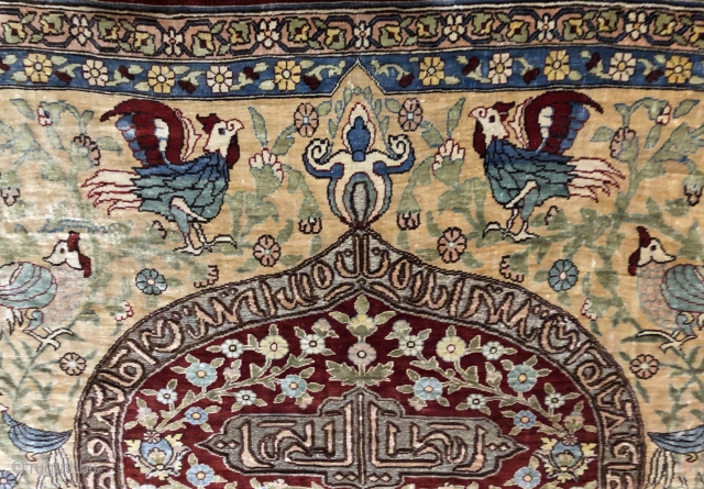 Lovely signed silk Hereke prayer rug mid 20 c about 1.5 x 1 m
Mint condition no cracking from an old English collection purchased at Christie’s around 1990      