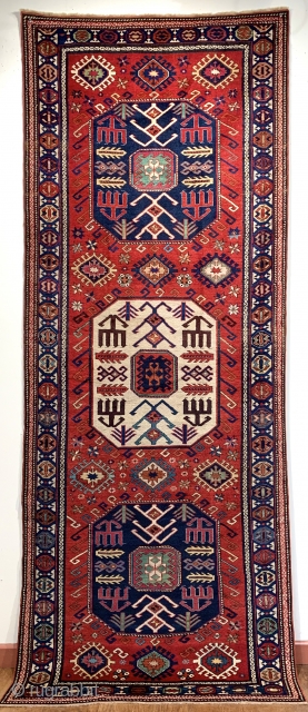 Outstanding antique chajli rug pre 1880 wonderful natural colours and wool 
Size 292 x 112 very fine weave like a shirvan.   Outer guard on each end is rewoven museum quality  ...