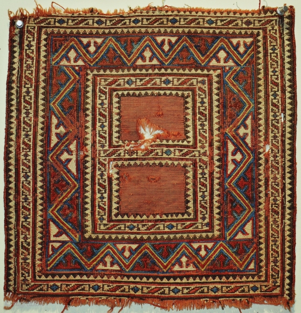 very unusual open ground Caucasian sumac bag face ca 1880 size 34 x 35 cm.
Finely woven,wool foundation, whites are cotton and all colours seem natural. Would look nice backed or mounted which  ...