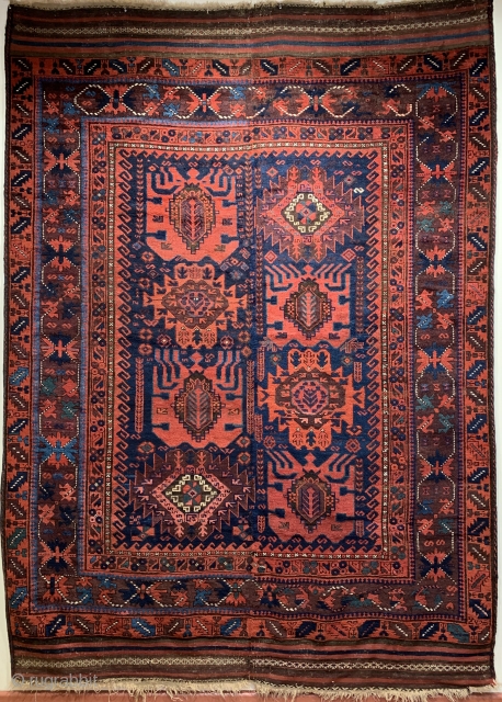 Superb antique Baluch carpet 3 rd qtr 19 c. Made in two halves a truly tribal piece 
Published in Sorgato Baluch rugs 2007  excellent condition great wool and natural dyes size  ...