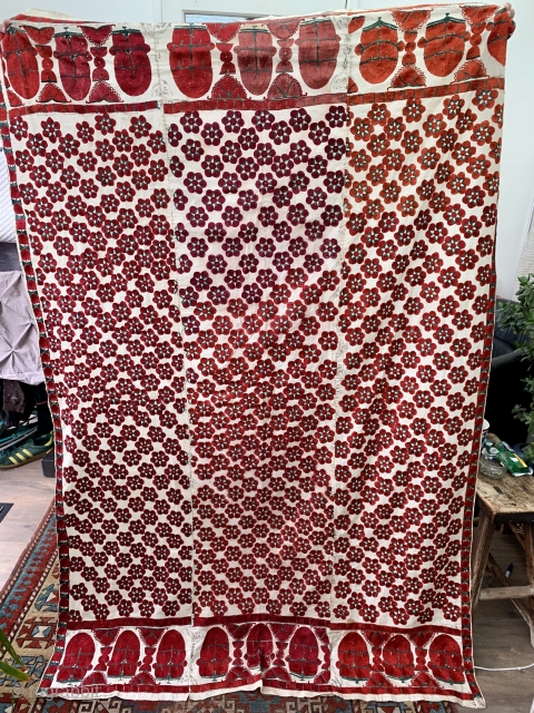  here is a lovely antique phulkari from western Punjab (now pakistan ) ca 1920 s unusually fine and in excellent condition size 186 x 122 cm.      