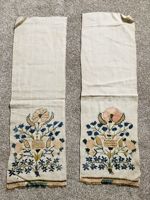 Very nice pair of Ottoman sash ends ca 1870 published in Roderick Taylor Ottoman textiles p 35
Size 62 x 20 cm each excellent condition basically double sided embroidery.
Please ask for more pics  ...