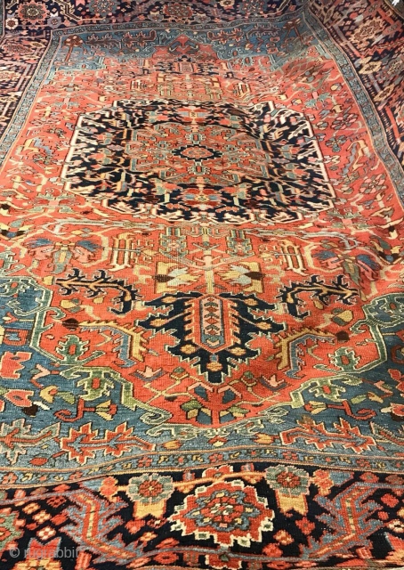 Lovely antique heriz carpet ca 1900 size 335 x 235 cm natural dyes light blue field cleaned good condition              