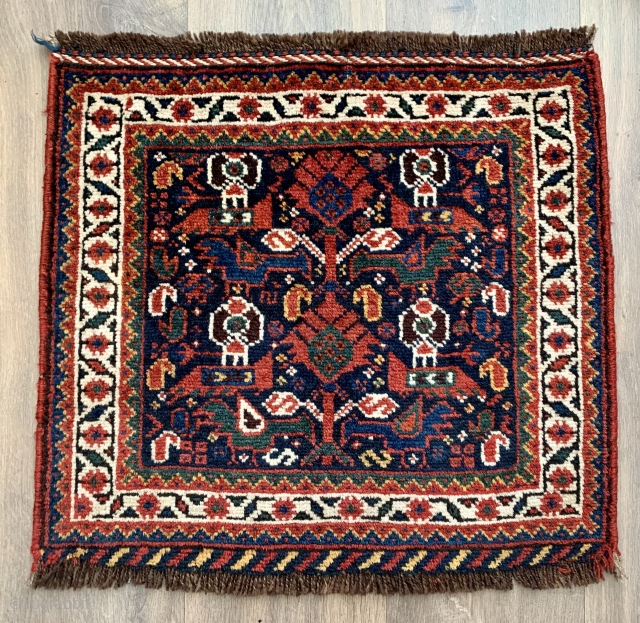 Beautiful antique Khamseh bag face  ca 1900 in excellent condition all organic  dyes natural brown undyed wool warps red wool wefts.  Interesting design with birds botehs and human like  ...