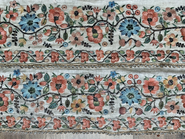 very nice antique ottoman sash mid 19 c size 148 x 74cm beautifully embroidered with silk and metal thread .  Natural dyes complete and good condition the plain ground in remarkably  ...