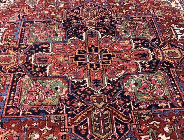 Nice old Heriz carpet in excellent condition size 4.07 x 3.1 m
Lovely colours with lots of green all seem natural. Pretty much full pile some original kelim finish ends stopped just washed
Could  ...