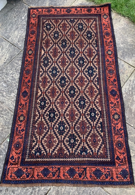 Beautiful antique Baluch rug in excellent condition. Camel pile  and warps unusually. So called Arab Baluch size 2-3 x 112 cm all natural dyes pre 1900      