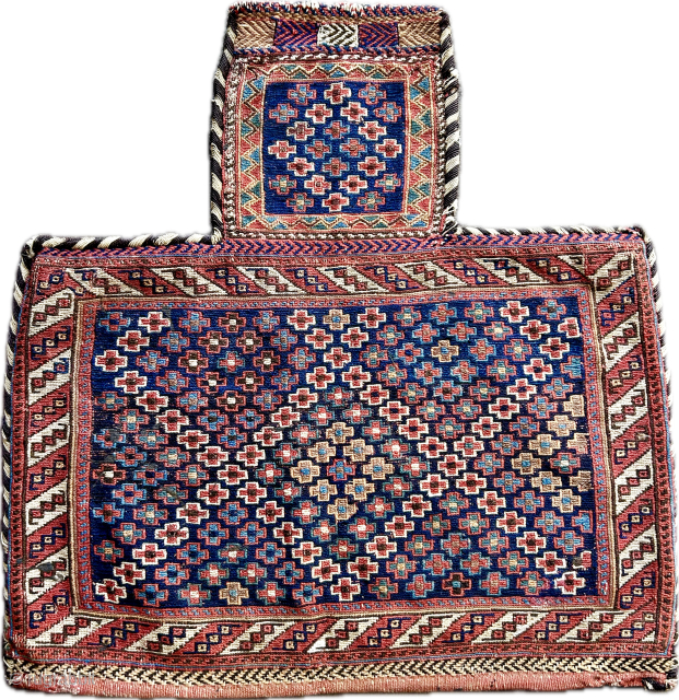  here is a very nice antique sumac technique afshar salt bag ca 1880. Size is 68 x 69 cm a large genuine example. Signs of use and couple of small old  ...