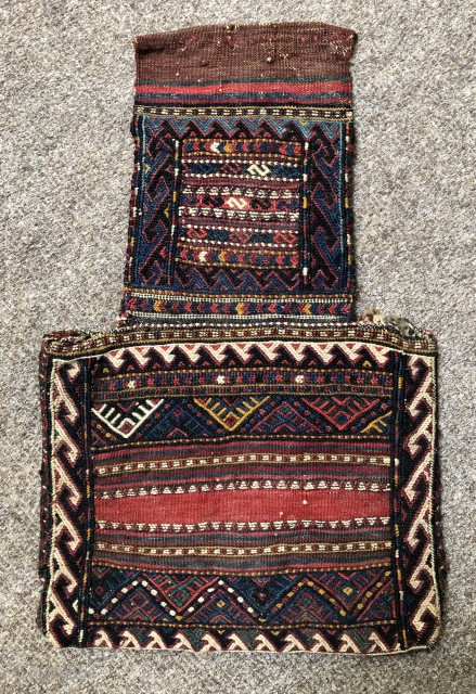 Antique flatwoven salt bag made by the Kurds of Khorassan ca 1910 size 52 x 33 cm
Original back excellent condition all wool and natural dyes fine quality      