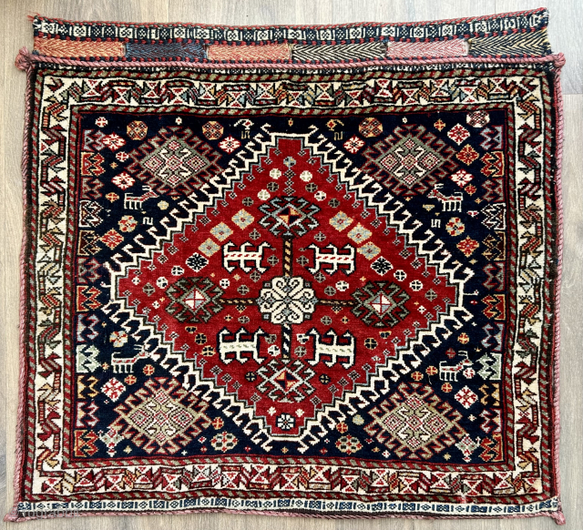 Very fine antique qashqai bag with goats ca 1890. Velvety pile, natural dyes                    