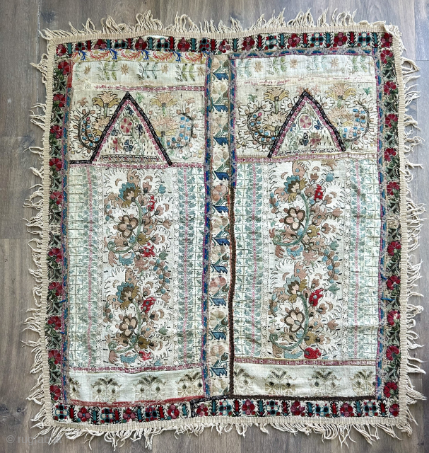 here is an unusual double niche format qibleh cloth made up of pieces of embroidery and fabric from the Ottoman Empire (Greek and Turkish ) size 88 x 80 cm lovely decorative ...