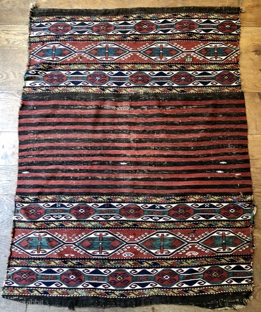 Nice antique Shasavan mafrash sides and bottom still joined ca 1880 all good colours some white cotton and metal thread  little animals and prayer rug in field 53 x 40 i 