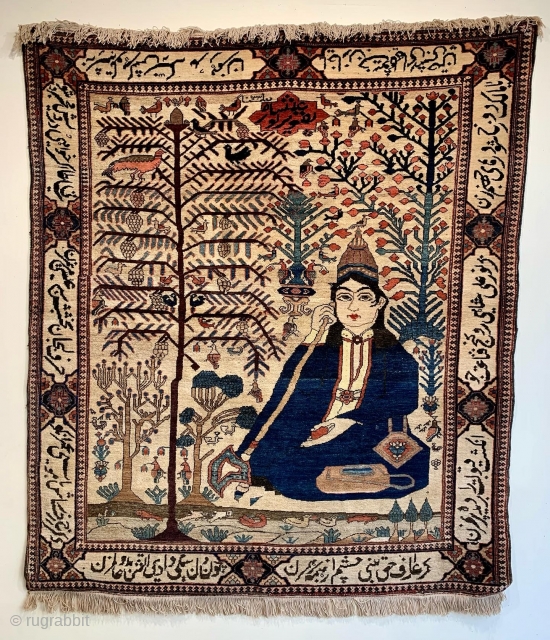 Happy Easter
very interesting pictorial rug of Dervish Noor Ali shah dated1330/1913.  It is actually a very fine baktiari rug. Basically full pile one repair to field top corners repaired. Verses of  ...