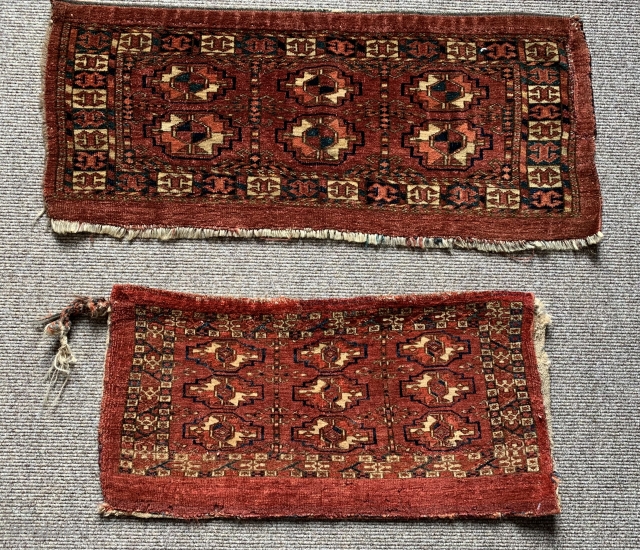 couple of nice antique mid 19 c tekke mafrash one with plain back both ex Leigh and Sally marsh collection take your pick $1000 each both have nice unusual borders   