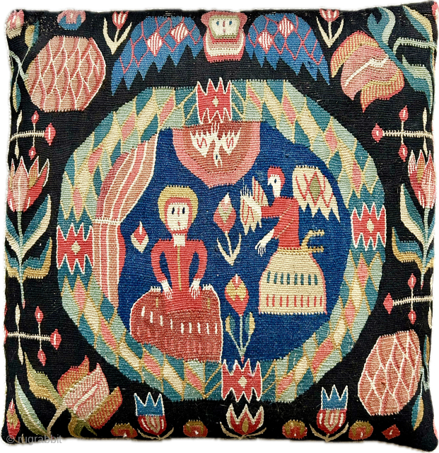 beautiful antique early 19 c Swedish tapestry (flamskvav) square with annunciation scene. Size 44 x 43 cm these are more common in longer size double this length.  Back is antique but  ...