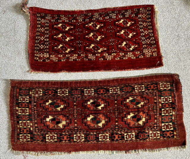 Two nice small early Tekke mafrash I have available.  Both ex Marsh collection and with rare borders.   All wool natural dyes around mid 19 c
lloydandy@hotmail.com     