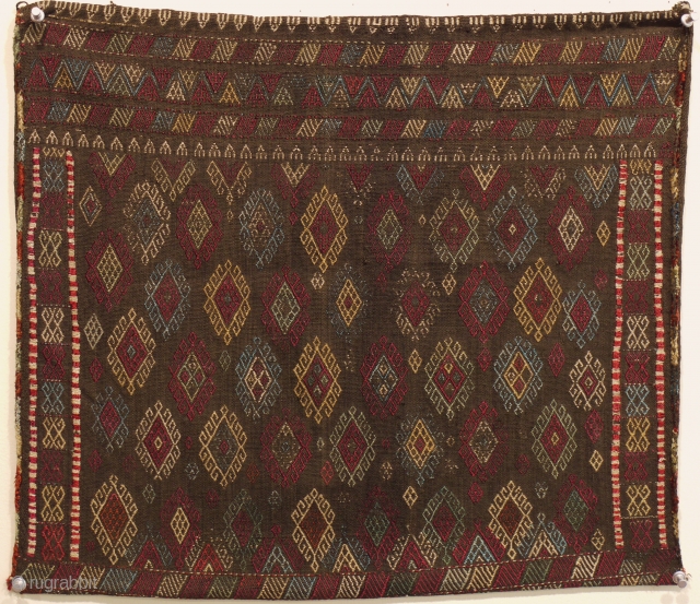 very rare 100% silk verneh saddlebag ca 1880. Brown silk base with various coloured silk embroidery including cochineal. All the silk looks hand spun. Condition is good, clean with no stains or  ...