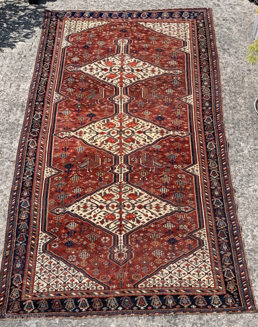 Lovely antique khamseh pomegranate carpet with large chickens dated 1876 (1293)
All wool natural dyes slightly low at end borders and few spots old repair but generally  good condition clean and floor  ...