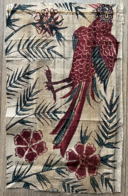 cool 18 c Indian coramandel coast block printed textile with a bird.  Great colour perfect for mounting. Or framing Available 28 x 18 cm        