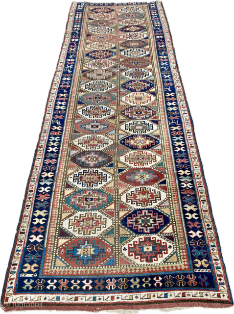  nice old north west persian runner with great colours including purple. Memling Gul design mid 19 c size 317 x 107 cm.  One end slightly missing and worn.  Repairable  ...