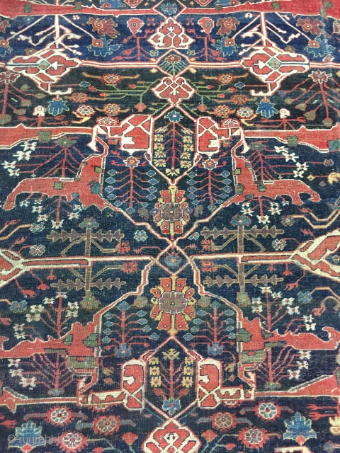 Lovely and Massive Bijar Garrus carpet ca 1880
17 ft 9 x 11 ft 4 (5.41 x 3.45 m)
All wool natural dyes heavy but floppy no cracking.
One repair detailed other smaller bits but  ...