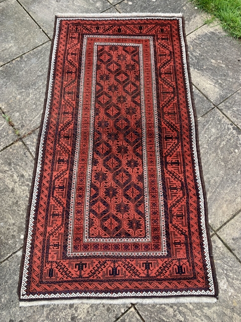  lovely antique Baluch rug that just arrived in excellent condition no repairs original goat hair selvedges and partial kelim finishes.  Size 207x 107 cm made around 1900 on the north  ...