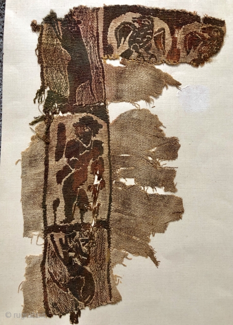 Fragment from the top panel of a tunic depicting a hunting scene up the side and a row of owls (?) across the top.   Egypt ca 4 th century.   ...