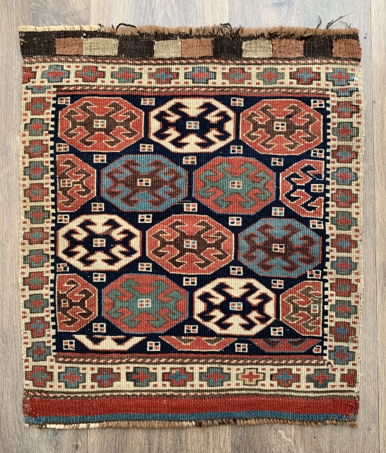 beautiful antique Shasavan reverse sumac bag from an American collection.  This design normally found in mafrash panels much rarer in bags and this one has rare cruciform border. All wool and  ...