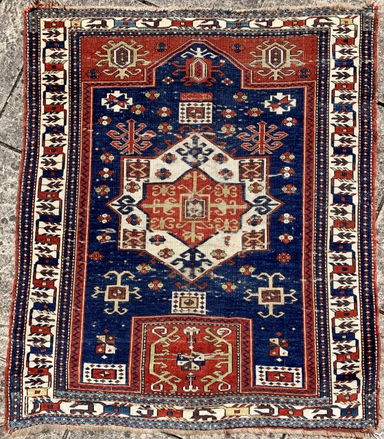Lovely antique fachralo prayer rug dated 1864 (1277)
Finer than average with all natural dyes including a nice purple. Complete piece with some original kelim finish and selvedge remaining. Has some wear and  ...
