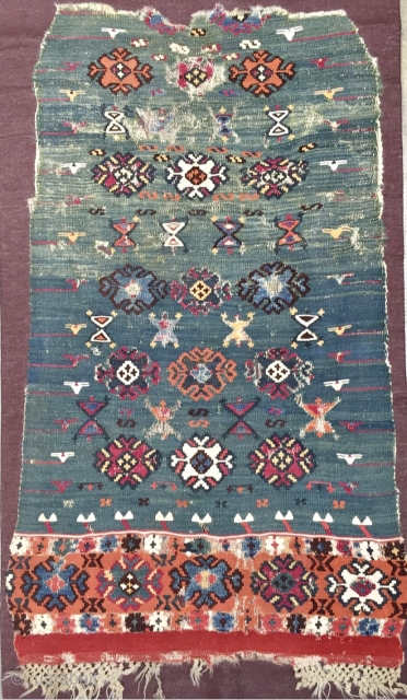 beautiful antique Turkish kelim fragment with sea green ground size 140 x 80 cm probably Erzurum loosely mounted amazing colours fresh from a European collection available       