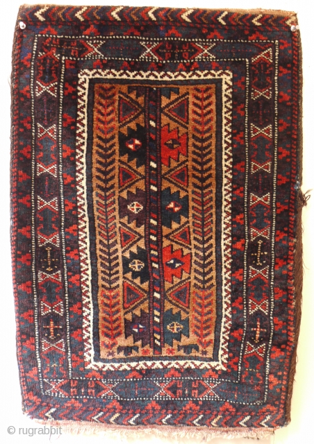 very nice and complete antique Baluch balisht ca 1900 size 72 x 49 cm.
Full pile with super glossy wool and original plain weave back.  Few spots of probably analine orange around  ...