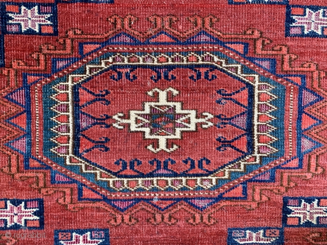 Lovely  Tekke chuval with turreted guls  from the first half of the 19 c.  Super fine and thin with a floppy handle like cloth. Saturated colours including a true  ...