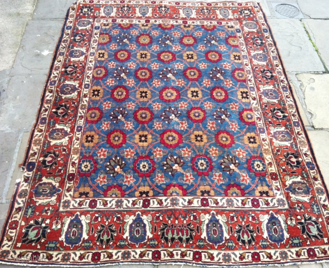 Nice antique Veramin rug late 19C - 80" x 57".
Good size it has all natural dyes, complete ends and sides but has some spotty wear to field and small chunk out of  ...