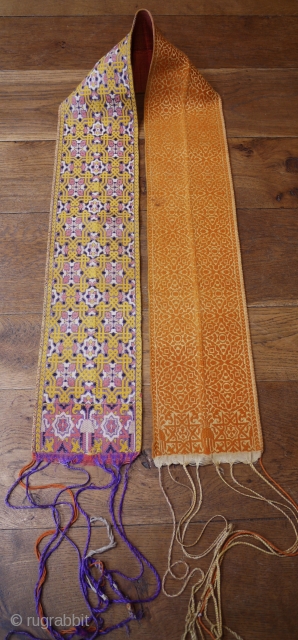 Antique Moroccan silk wedding sash 2nd half 19C size 180 x 16 cm. Thickly woven all silk  this is a complete piece not a half. Slight  creasing along centre where  ...