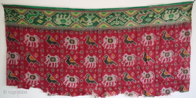 old Indian silk ikat fragment with elephants and birds size 119 x 60 cm                   