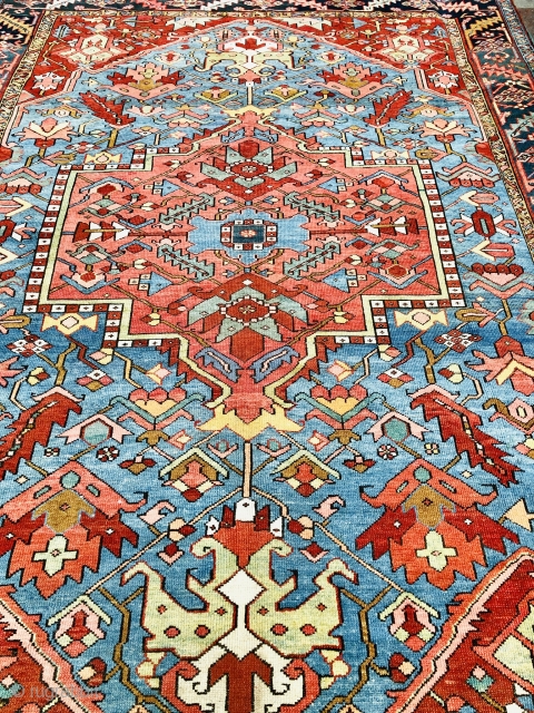 Antique Serapi type Karaja carpet from the late 19c with lovely soft natural dyes including a sky blue.
Even wear just cleaned few small old repairs and last cm of ends expertly rewoven  ...