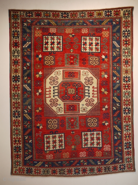 super antique Karachop rug late 19C all wool and natural dyes size 235 x 176 cm.  Lovely colours including aubergine on a glowing red field. Generally even wear slightly low to  ...