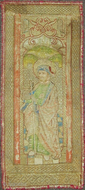 Orphrey panel from a 15C Flemish Chasuble. 
Very well preseved figure and fantastic gold thread work.
                 