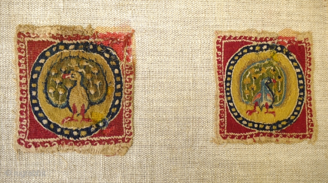 pair of incredibly fine slit tapestry square ornaments Egypt, Byzantine period 640 -660 ad about 6x6 cm each. Original unfaded colours and basically good condition have been stuck to backing cloth and  ...