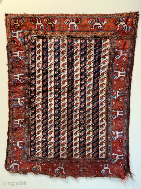 Very early rare cane  design Khamseh rug fragment with bird border  from the first half of the 19 c.  
Cut across top border and reduced in length.  Size  ...