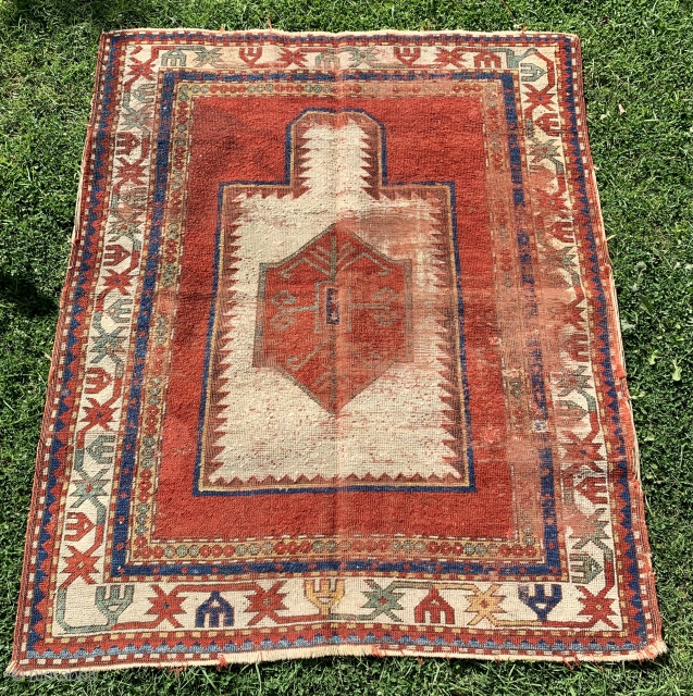 Rare early 19 c fachralo prayer rug with open white ground.
Beautiful piece with great colours but has been attacked by moths at some stage. Has now been deep cleaned  so totally  ...