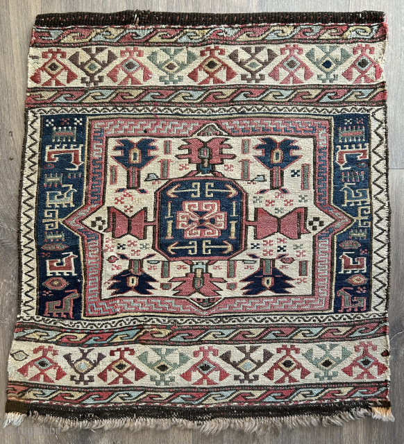 Very unusual antique 19 c Shahsavan mafrash end panel with animals.   All natural dyes size 52 x 48 cm.  Small repairs to bottom corners otherwise good condition.    ...