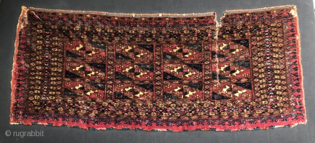 Tekke tile design torba ca 1880 size 92 x 34 cm mounted on wooden stretcher lots of undyed brown wool looks like they didn’t clean it first. Very reasonable if anyone is  ...