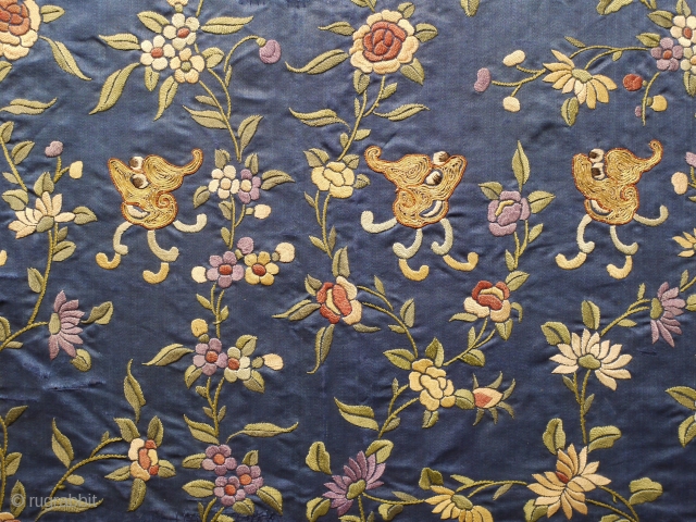 Imps with clogs ! antique Chinese embroidery silk and metal thread on blue silk ground 19 c size 76 x 28 cm . Professionally stretcher mounted so wall ready.  Great fun  ...