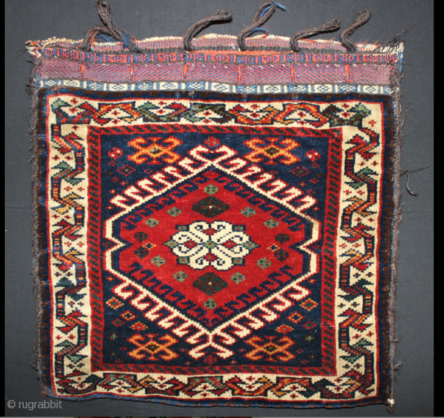 Square Qashqai Bag of great quality with rich coloration including a luminescent blue field and pistachio greens in the medallion. Very careful attention paid to symmetry of the tiny designs. 22inches by  ...