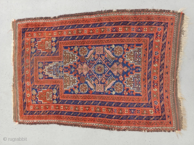 Early small Baluch Prayer with design sometimes found on Balisht and bags but I believe rarely found on prayer pieces. All original, no repairs. 2.4 x 3.5ft      