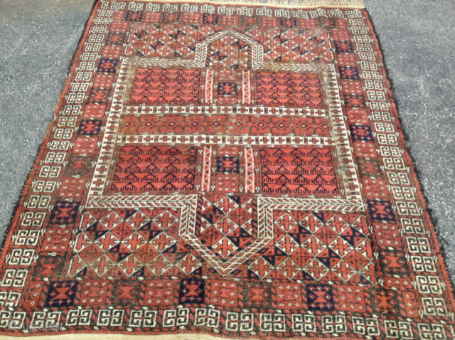 Baluch Rug. See similar looking piece that Thomas Cole had: http://www.tcoletribalrugs.com/resources/rugshtml/109Baluch.html 57 inches by 68 inches. Machine fringe sewn on to ends. Not many of these around.      