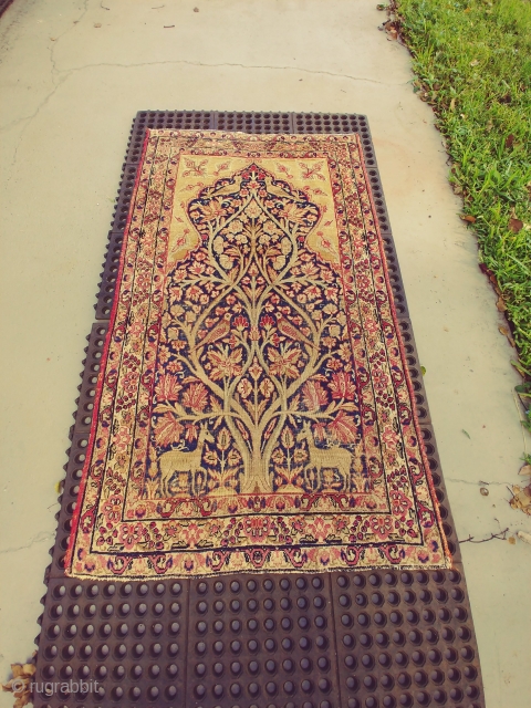 Antique 19th Century Laver Kirman Prayer rug. 2.8ft x 4.7ft.- untouched. This is a true collector's piece with the “Tree of Life” design. The deer with their raised leg and neck bands  ...