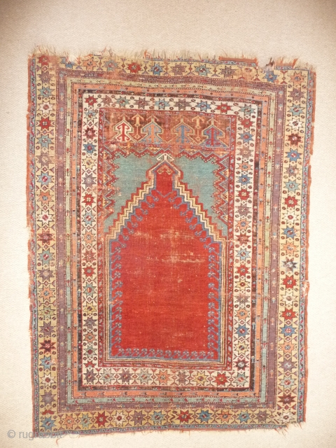  SOLD  Lovely antique Ottoman prayer rug, beautiful colours,original sidecords,reamains of kelim top and bottom, 5ft4ins x 4ft.
See it in London at KARMA         